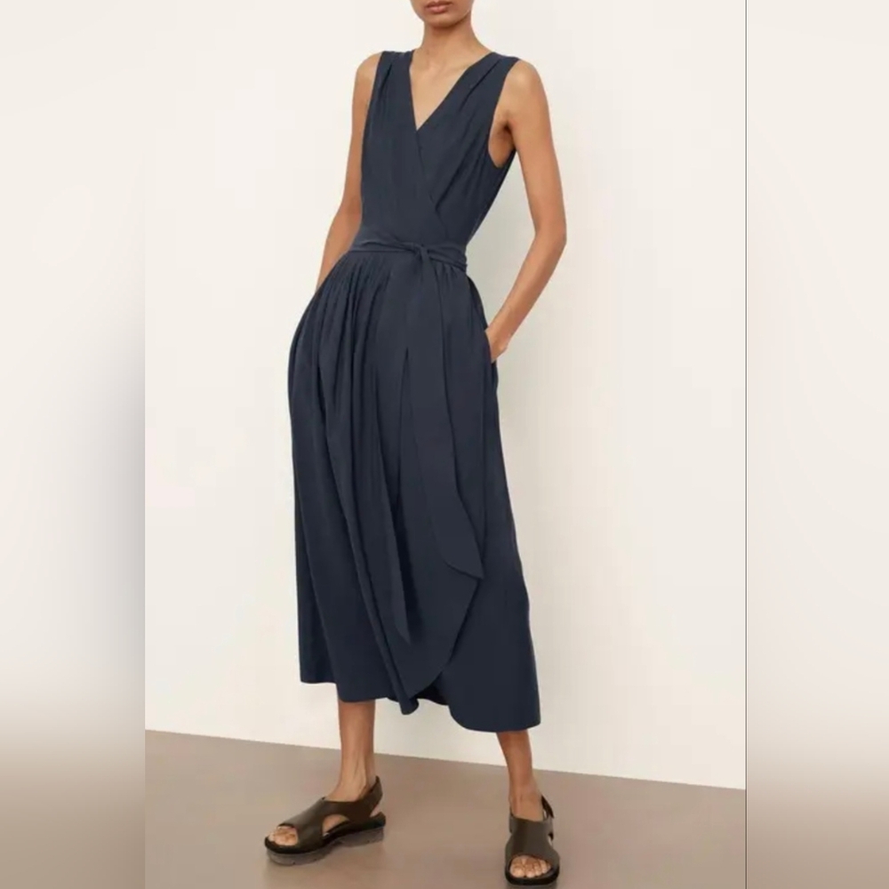Vince Wrap Dress Navy Blue Sleeveless Pleated V- Neck Midi Size XXS NEW $425 - Picture 1 of 12